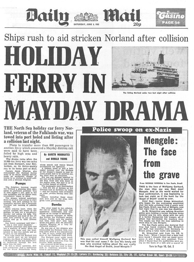 The Daily Mail front page on June 8, 1985, when a picture of Mangele living as Wolfgang Gerhard was released