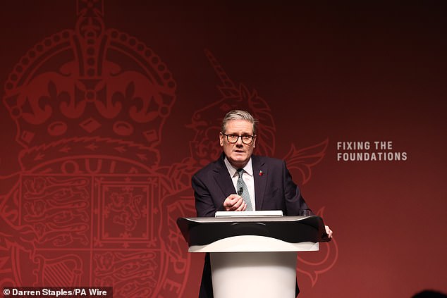 Much of the speech was about 'working people' and how he – and it was very much he, singular – would be their salvation. He spoke of 'my project to return Britain to the service of working people'. Pictured: Prime Minister Sir Keir Starmer giving a speech during an event in the West Midlands