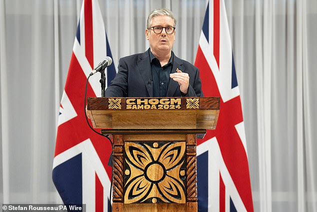 When he claimed that he would offer the country a 'driving purpose' Starmer pinched together the tips of his chipolata fingers, almost as if he was an Italian chef describing the perfect ravioli. Here he is pictured at a press conference during the Commonwealth Heads of Government Meeting in Samoa on Saturday October 26