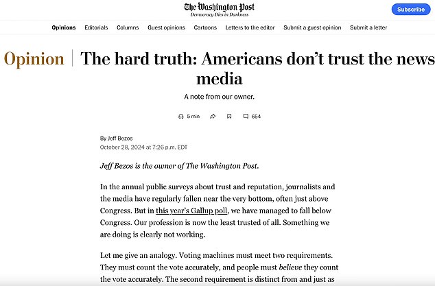 Bezos published a lengthy op-ed on Monday night explaining his newspaper's decision not to endorse Kamala Harris for the election