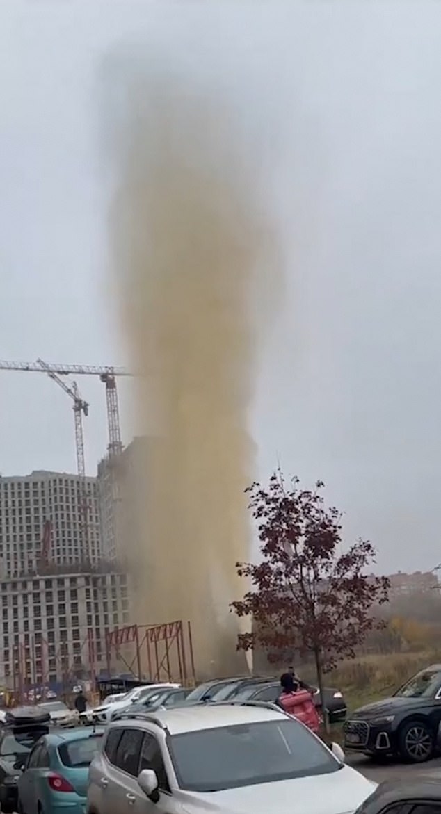 Nauseating footage showed a tower of murky water gushing from a pipe next to what appears to be a construction site in the Novaya Moskva district