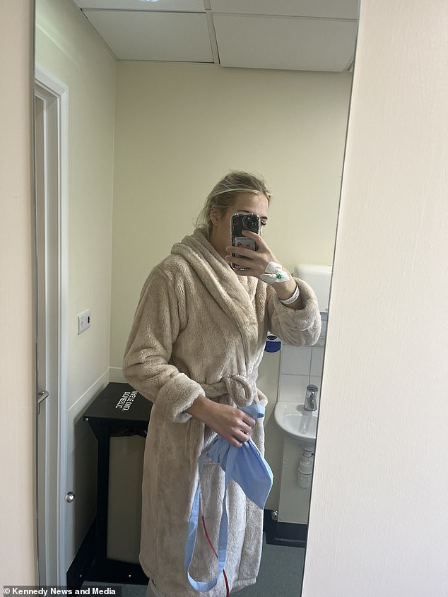 Ms Bailey (pictured after she underwent the mastectomy) is awaiting the final test results to see if she has the 'all clear' - and is urging other women to push doctors for referrals if they spot anything of concern