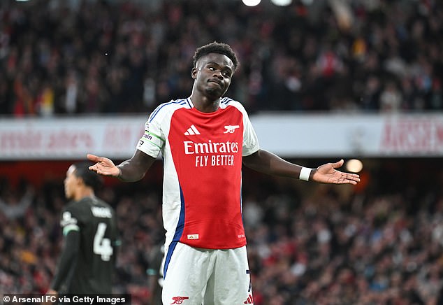 Bukayo Saka played and scored against Liverpool on Sunday despite Arteta saying he was 'very uncertain' to feature in the build-up to the blockbuster fixture at the Emirates Stadim