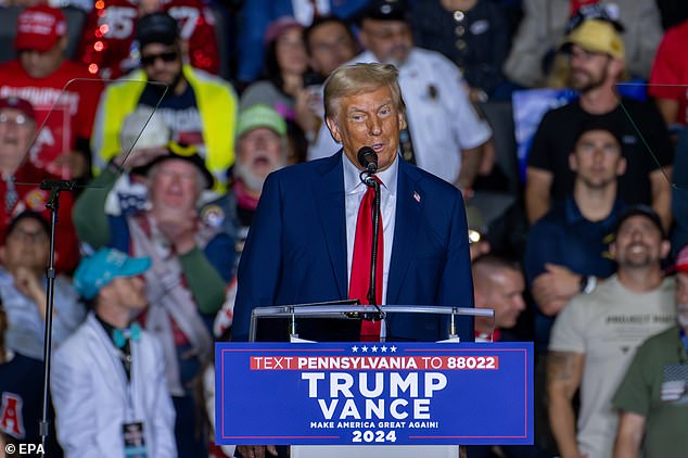 Former US President and Republican Presidential Candidate Donald J. Trump speaks during a campaign rally in Allentown, Pennsylvania, USA, October 29, 2024