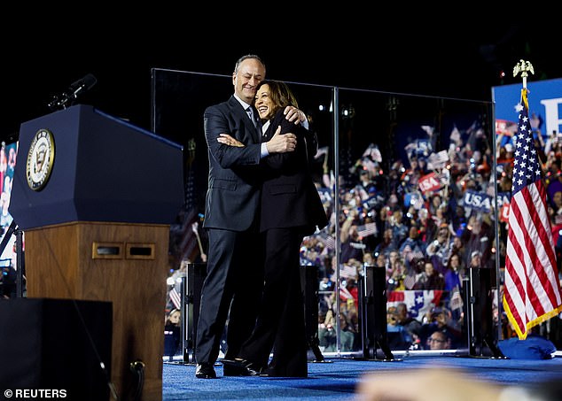 Doug Emhoff joined Kamala Harris on stage after her remarks