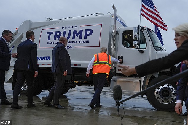 Trump noted how high the steps were into the garbage truck and his adrenaline was going as he approached the vehicle