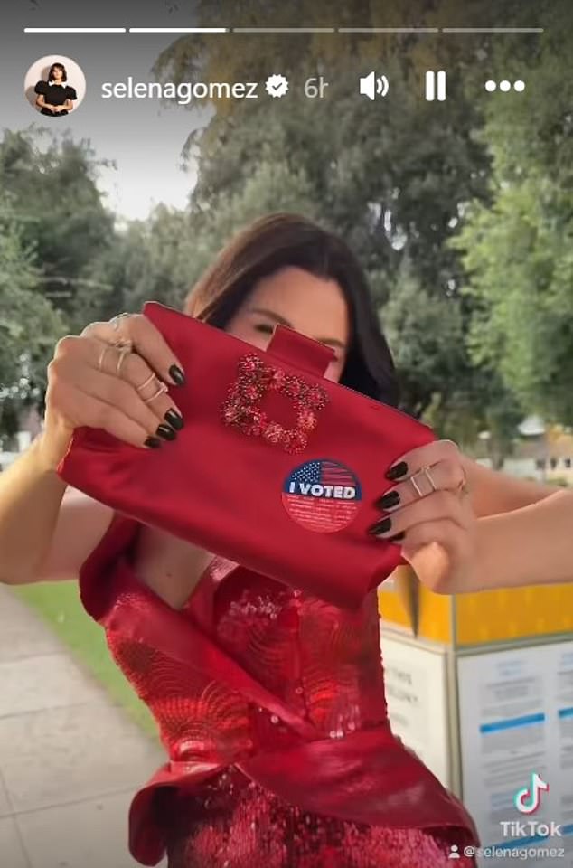 She dropped off her official election envelope in a mail box on the way to the premiere of Wizards Beyond Waverly Place in Los Angeles on Monday