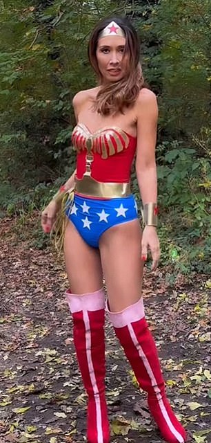 Alongside a transformation video, the mother of three wrote: 'Happy Halloween to all my wonder women