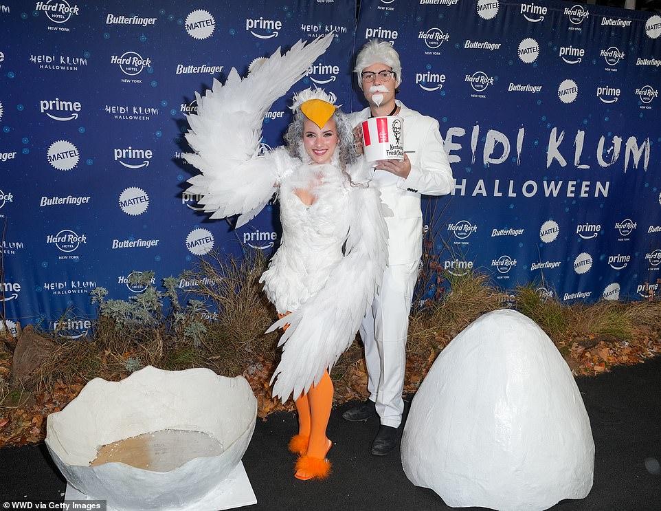 The contortionist was decked out in white feathers as a chick hatching from a egg while the social media personality dressed up as Colonel Sanders, the founder of KFC