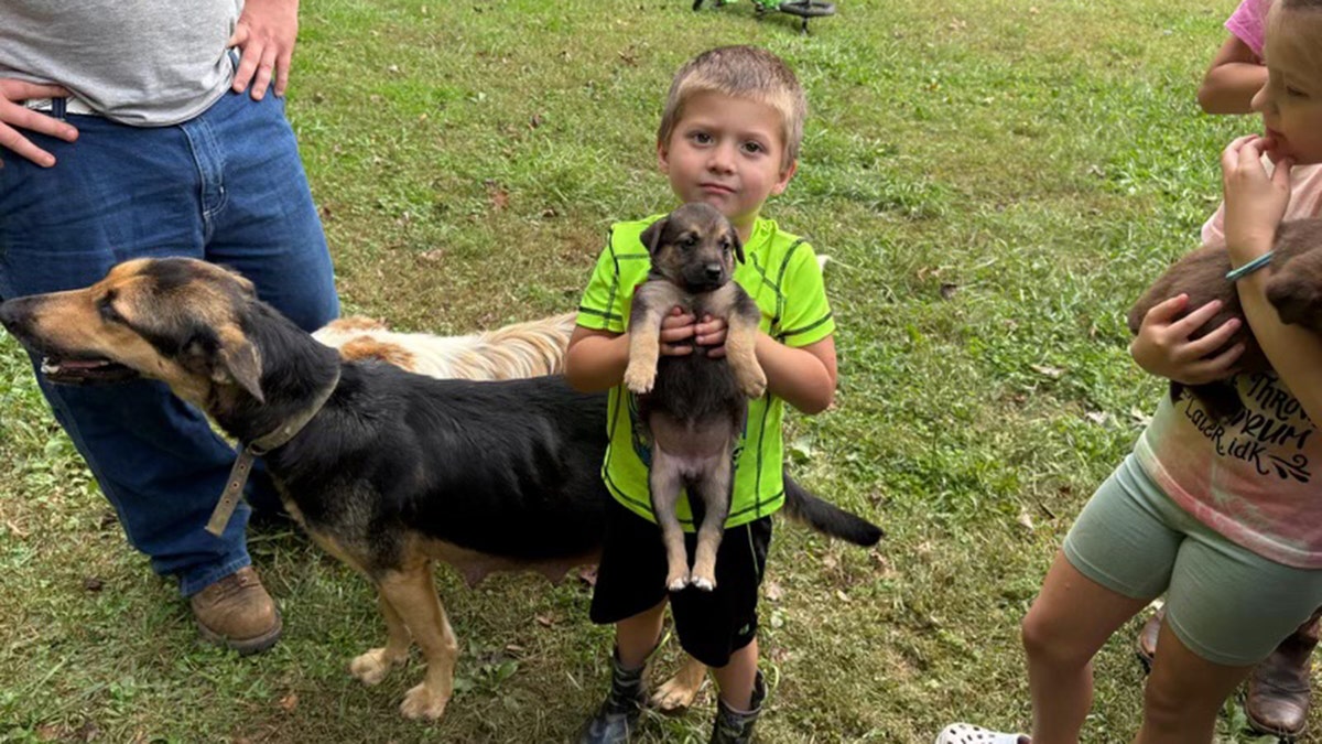 little boy with puppy