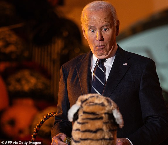 US President Joe Biden reacts as he hosts a Halloween trick-or-treat event at the South Portico of the White House in Washington, DC, on October 30, 2024. (Photo by Tierney CROSS / AFP) (Photo by TIERNEY CROSS/AFP via Getty Images)