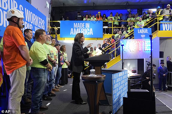 Democratic presidential nominee Vice President Kamala Harris speaks during a campaign event in Janesville, Wis., Friday, Nov. 1, 2024. (AP Photo/Charles Rex Arbogast)