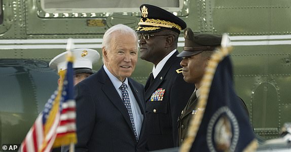 President Joe Biden arrives at Delaware Air National Guard Base in New Castle, Del., Friday, Nov. 1, 2024, after a trip to Philadelphia. (AP Photo/Manuel Balce Ceneta)