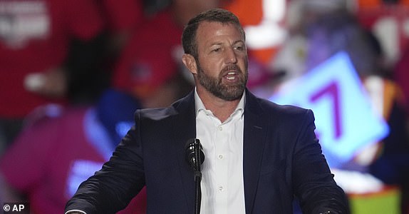 Sen. Markwayne Mullin, R-Okla., speaks Republican presidential nominee former President Donald Trump at a campaign rally at Macomb Community College Friday, Nov. 1, 2024, in Warren, Mich. (AP Photo/Paul Sancya)