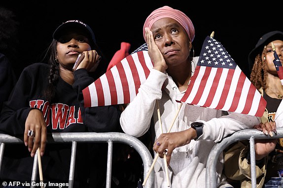 TOPSHOT - Supporters of US Vice President and Democratic presidential candidate Kamala Harris react during an election night event at Howard University in Washington, DC, on November 5, 2024. (Photo by CHARLY TRIBALLEAU / AFP) (Photo by CHARLY TRIBALLEAU/AFP via Getty Images) 14047963