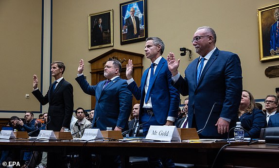 epa11719201 (L-R) American oceanographer and retired Rear Admiral in the United States Navy Doctor Tim Gallaudet, Former senior intelligence officer Luis Elizondo, Journalist Michael Shellenberger and NASA's former associate administrator of space policy and partnerships and a member of the organization's independent UAP study team Michael Gold, are sworn in to testify during a joint hearing of the Committee on Oversight and Accountability Subcommittees on Cybersecurity, Information Technology, and Government Innovation, and National Security, the Border, and Foreign Affairs, entitled 'Unidentified Anomalous Phenomena (UAP): Exposing the Truth' in the US Capitol in Washington, DC, USA, 13 November 2024. Earlier this year Republican Representative of Tennessee Tim Burchett introduced the UAP Transparency Act, which would require the declassification of all federal documents related to unidentified aerial phenomena.  EPA/ANNA ROSE LAYDEN