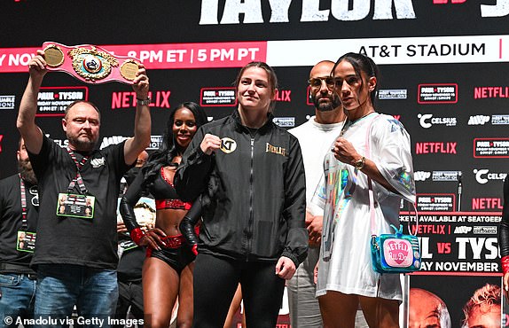 IRVING, TEXAS - NOVEMBER 13: Katie Taylor (left) and Amanda Serrano (right) faceoff at a press conference at the Toyota Music Factory in Irving, Texas on November 13, 2024 for their super lightweight world titles of the Premiere Boxing Championship which will be on November 15 Friday night at AT&T Stadium in Arlington, Texas, United States. (Photo by Tayfun Coskun/Anadolu via Getty Images)