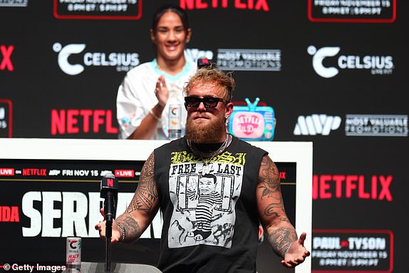 IRVING, TEXAS - NOVEMBER 13: Jake Paul speaks at the final press conference for his upcoming heavyweight fight against Mike Tyson at Toyota Music Factory on November 13, 2024 in Irving, Texas. (Photo by Ed Mulholland/Getty Images)