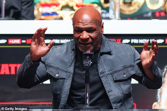 IRVING, TEXAS - NOVEMBER 13: Mike Tyson speaks at the final press conference for his upcoming heavyweight fight against Jake Paul at Toyota Music Factory on November 13, 2024 in Irving, Texas. (Photo by Ed Mulholland/Getty Images)