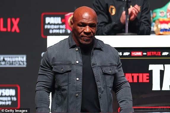 IRVING, TEXAS - NOVEMBER 13: Mike Tyson speaks at the final press conference for his upcoming heavyweight fight against Jake Paul at Toyota Music Factory on November 13, 2024 in Irving, Texas. (Photo by Ed Mulholland/Getty Images)