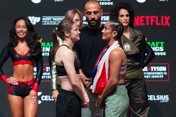 Mandatory Credit: Photo by Daniel McGregor-Huyer/Shutterstock (14909050x) (L to r) Katie Taylor and Amanda Serrano face off during the Paul vs. Tyson & Taylor vs. Serrano 2 weigh ins at the Toyota Music Factory in Irving, Texas. Paul vs. Tyson & Taylor vs. Serrano 2 Public Weigh-In, Irving, Texas, USA - 14 Nov 2024