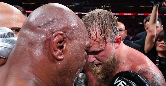 ARLINGTON, TEXAS - NOVEMBER 15: Jake Paul (R) announced as winner against Mike Tyson (L) during LIVE On Netflix: Jake Paul vs. Mike Tyson at AT&T Stadium on November 15, 2024 in Arlington, Texas. (Photo by Al Bello/Getty Images for Netflix Â© 2024)