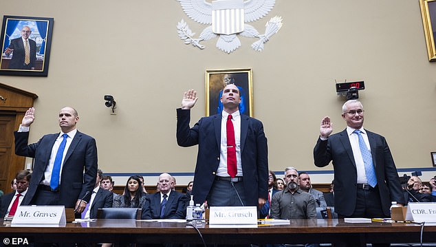 Ryan Graves, a former pilot, Air Force and intelligence agency veteran David Grusch and Navy veteran fighter pilot Commander David Fravor spoke at the first hearing in 2023