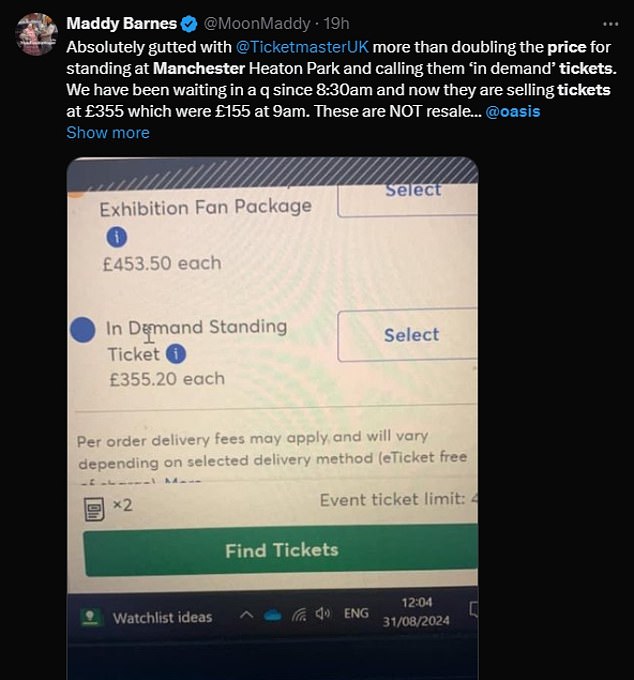 Eager fans were left raging after the price of standing tickets went up from £150 face value to £355 within hours due to the huge demand.