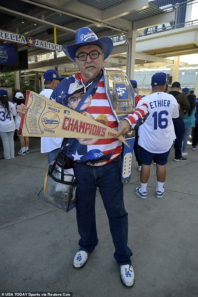 Many fans dressed up in Dodgers gear that included pennants, belts, hats, and shoes