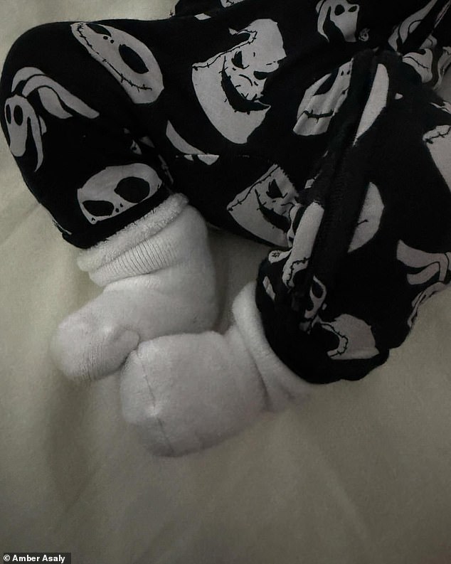 Hailey also posted a photo of Jack wearing his adorable Jack Skellington and Oogie Boogie onesie and socks