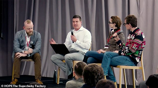 Hope Not Hate alleges that several members of the Heliospect Genomics staff have links to the alt-right and scientific racism movements. Pictured: PolygenX creator Jonathan Anomaly (middle left) speaks at a panel hosted by Kevin Dolan (left), an activist in the DezNat far-right Mormon movement