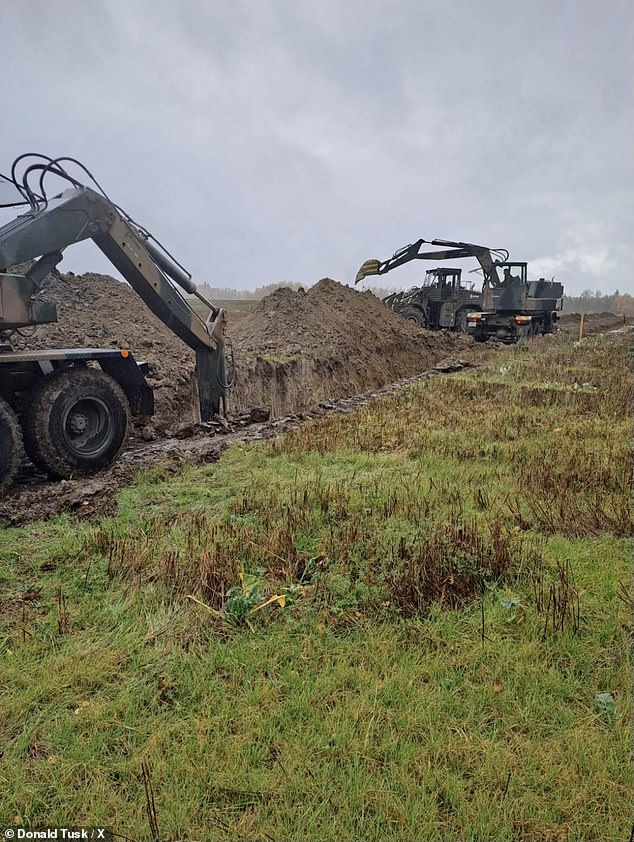 Poland's Prime Minister Donald Tusk shared the above image with the caption: 'Construction of the East Shield has begun! First works at the border with Russia'