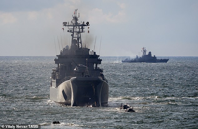 The Minsk large landing ship takes part in an amphibious landing exercise held by naval infantry units of the Russian Baltic and Northern Fleets, off Kaliningrad in the Baltic Sea