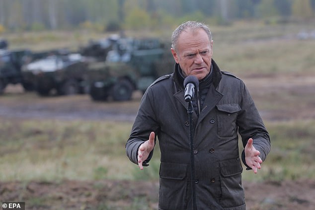 Tusk speaks during a press conference at the military exercise 'Shield East' defence programm in the Land Forces Training ground in Orzysz, northern Poland, last month