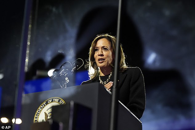 Democratic presidential nominee Vice President Kamala Harris speaks during a campaign rally outside the Philadelphia Museum of Art, Monday, Nov. 4, 2024