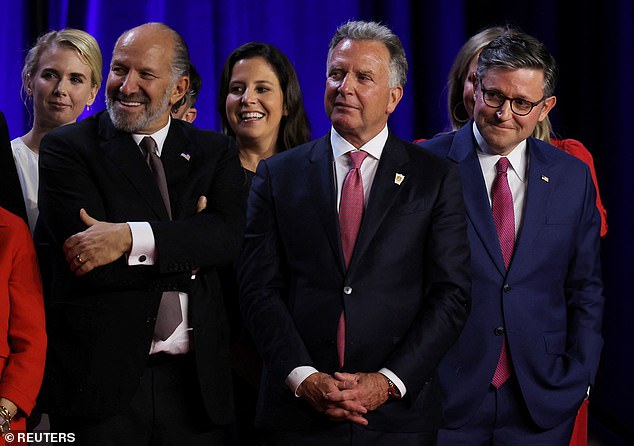 Howard Lutnick (second from l.) with NY Rep. Elise Stefanik and Hose Speaker Mike Johnson watch as Donald Trump claims victory over Vice President Kamala Harris in the 2024 election