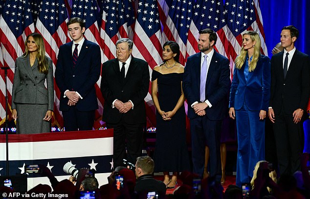 (L-R) Former US First Lady Melania Trump, Barron Trump, Viktor Knavs, Republican vice presidential candidate J.D. Vance and his wife Usha Vance, Ivanka Trump and her husband Jared Kushner listen to the Republican leader