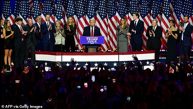 Donald Trump declares victory in the US election, supported by family members on stage at Mar-a-Lago. His daughter Kai, 17, is seen on the left