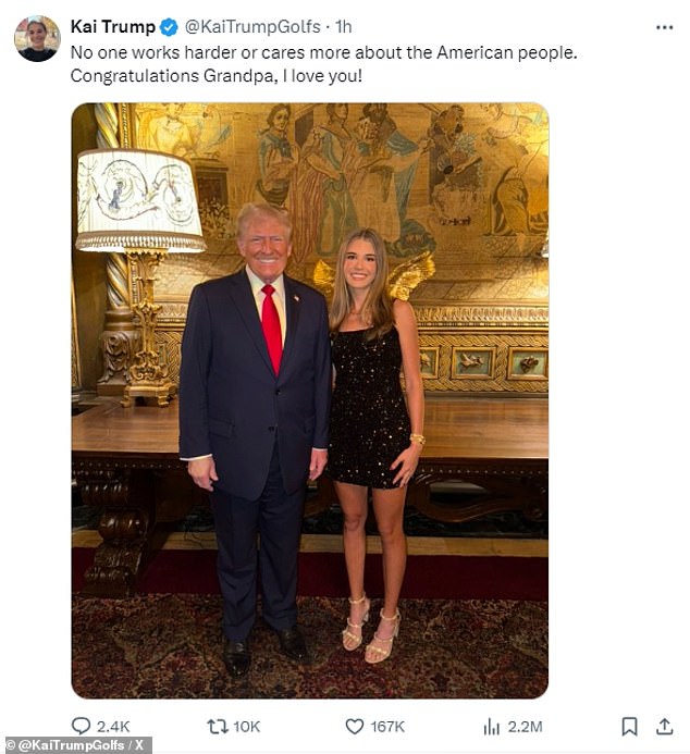 Trump's granddaughter Kai shared this tweet from the celebration, posting: 'No one works harder or cares more about the American people. Congratulations Grandpa, I love you!'