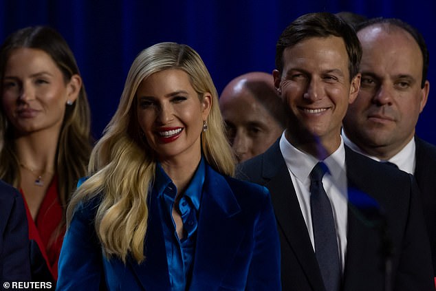 Ivanka Trump and her husband look on as Donald Trump addresses supporters at his rally