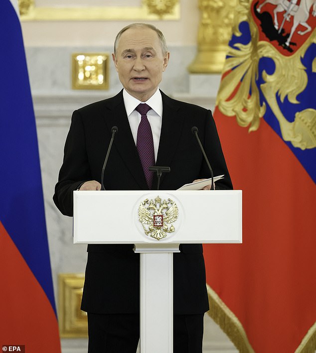 Russian President Vladimir Putin (C) speaks during a ceremonial presentation of credentials by ambassadors in Moscow, Russia, 05 November 2024