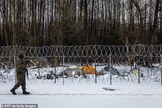 A Polish border guard officer patrols the boundary between Poland and Belarus, 2022