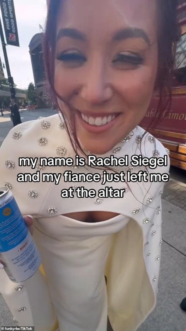 The couple's story went viral last month after Siegel posted a 12-second video wearing her wedding gown and holding a can of hard seltzer on the street before speaking into the camera: 'My name is Rachel Siegel and my fiancé just left me at the altar