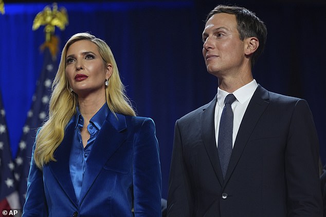 Ivanka, dressed in a glamorous blue velvet pantsuit, joined her entire family last night, as well as husband Jared, as her dad gave a victory speech, accepting his win in the combative race