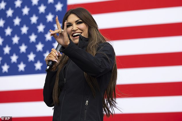 Former Fox News host Kimberly Guilfoyle (pictured at a Trump rally last month) made several appearances on the 2024 campaign trail and spoke at the RNC in July