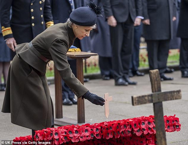 During the engagement, the Duchess of Gloucester (pictured) laid a remembrance cross