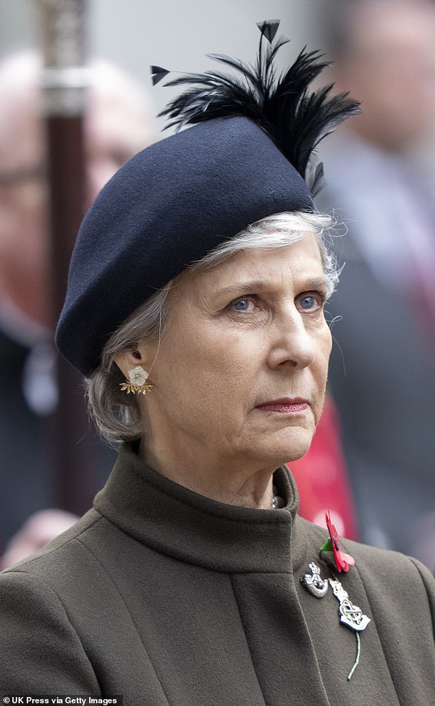 SOMBRE: Birgitte, Duchess of Gloucester, looked sombre as she paid her respect to fallen soldiers at the event