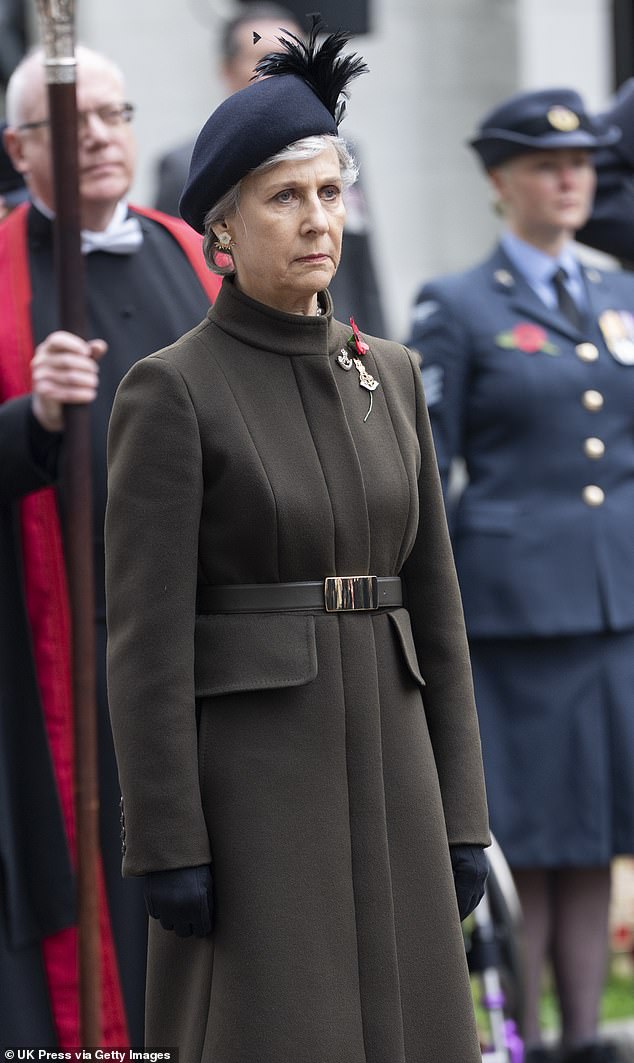 Camilla not attending the event was seen as a sign of how poorly she is feeling, as the engagement is a duty she takes extremely diligently, as the daughter of decorated war hero Major Bruce Shand, who earned two military crosses in the Second World War for his bravery (pictured: the Duchess of Gloucester)