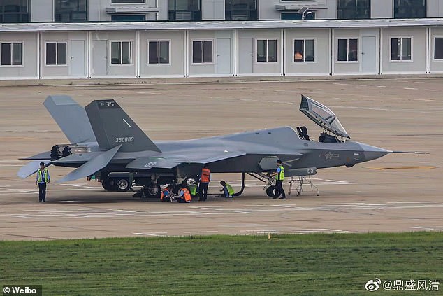 The clearest previous image of China's future carrier-borne stealth fighter known as J-35 surfaced in July of 2020 on Chinese social media Weibo (above)