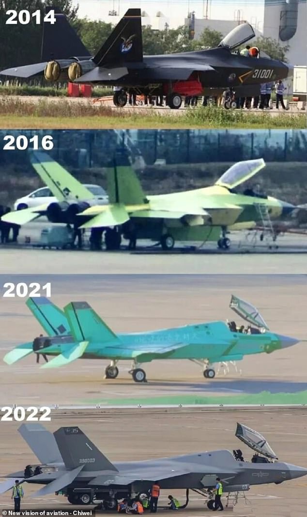 Above, a visual timeline of the China's progess on the stealth J-35: the original FC-31 airframe (2014), the revised FC-31 (2016), the first J-35 prototype (2021) and an updated J-35 (2022)